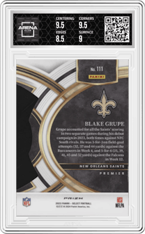 Blake Grupe from the 2023 Panini Select set featuring a Die-Cut Zebra parallel graded by Arena Club and given an overall grade of 9.
