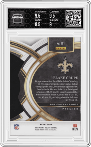 Blake Grupe from the 2023 Panini Select set featuring a Die-Cut Zebra parallel graded by Arena Club and given an overall grade of 9.