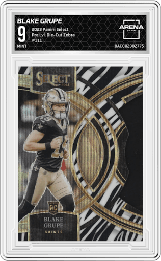 Blake Grupe from the 2023 Panini Select set featuring a Die-Cut Zebra parallel graded by Arena Club and given an overall grade of 9.