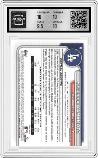 Yoshinobu Yamamoto from the 2024 Bowman set graded by Arena Club and given an overall grade of 10.