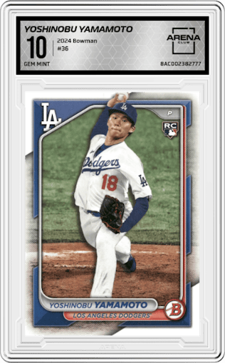 Yoshinobu Yamamoto from the 2024 Bowman set graded by Arena Club and given an overall grade of 10.