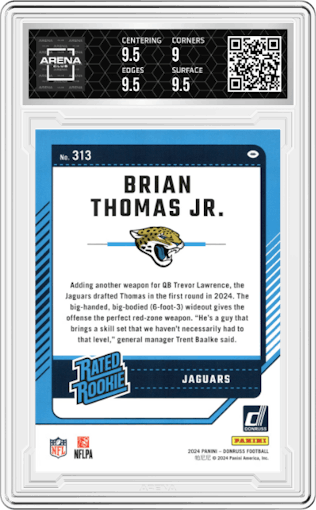 Brian Thomas Jr. from the 2024 Donruss set featuring a Press Proof Green parallel graded by Arena Club and given an overall grade of 9.5.