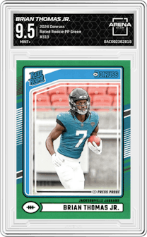 Brian Thomas Jr. from the 2024 Donruss set featuring a Press Proof Green parallel graded by Arena Club and given an overall grade of 9.5.