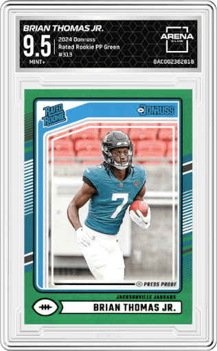 Brian Thomas Jr. from the 2024 Donruss set featuring a Press Proof Green parallel graded by Arena Club and given an overall grade of 9.5.