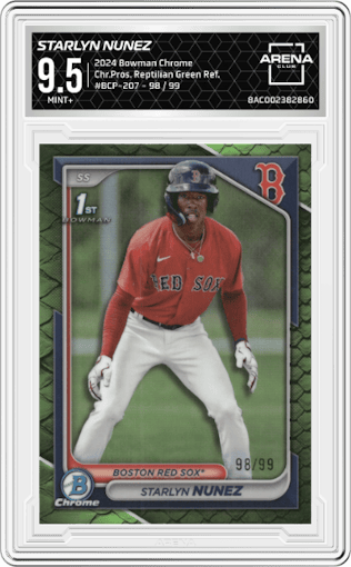 Starlyn Nunez from the 2024 Bowman Chrome set featuring a Reptilian Green Refractor parallel graded by Arena Club and given an overall grade of 9.5.