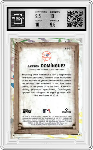 Jasson Dominguez from the 2024 Bowman's Best set graded by Arena Club and given an overall grade of 10.
