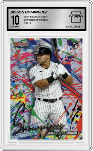 Jasson Dominguez from the 2024 Bowman's Best set graded by Arena Club and given an overall grade of 10.