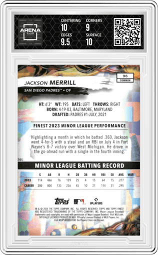 Jackson Merrill from the 2024 Topps Finest set featuring a Checkerboard Refractor	 parallel graded by Arena Club and given an overall grade of 9.5.