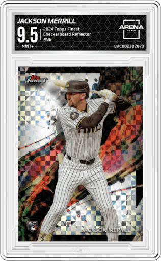 Jackson Merrill from the 2024 Topps Finest set featuring a Checkerboard Refractor	 parallel graded by Arena Club and given an overall grade of 9.5.
