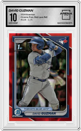 David Guzman from the 2024 Bowman set featuring a Red Lava Refractor parallel graded by Arena Club and given an overall grade of 10.