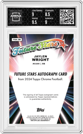 Jaylen Wright from the 2024 Topps Chrome set featuring a Yellow Refractor parallel graded by Arena Club and given an overall grade of 9.