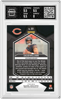 Caleb Williams from the 2024 Panini Mosaic set featuring a Pink Camo parallel graded by Arena Club and given an overall grade of 8.5.