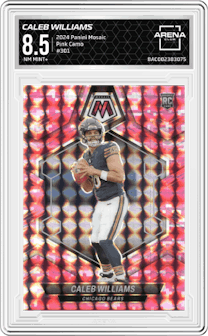 Caleb Williams from the 2024 Panini Mosaic set featuring a Pink Camo parallel graded by Arena Club and given an overall grade of 8.5.