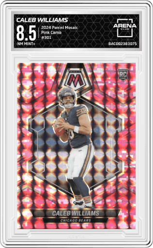 Caleb Williams from the 2024 Panini Mosaic set featuring a Pink Camo parallel graded by Arena Club and given an overall grade of 8.5.