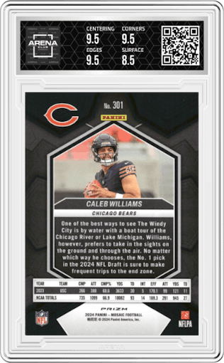 Caleb Williams from the 2024 Panini Mosaic set featuring a Green Mosaic parallel graded by Arena Club and given an overall grade of 9.