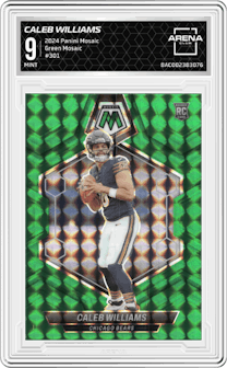 Caleb Williams from the 2024 Panini Mosaic set featuring a Green Mosaic parallel graded by Arena Club and given an overall grade of 9.