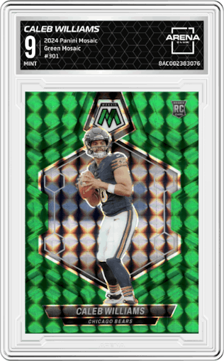 Caleb Williams from the 2024 Panini Mosaic set featuring a Green Mosaic parallel graded by Arena Club and given an overall grade of 9.