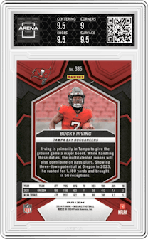 Bucky Irving from the 2024 Panini Mosaic set featuring a Reactive Blue parallel graded by Arena Club and given an overall grade of 9.5.