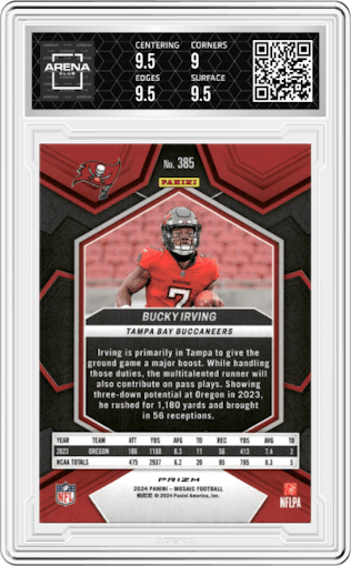 Bucky Irving from the 2024 Panini Mosaic set featuring a Reactive Blue parallel graded by Arena Club and given an overall grade of 9.5.