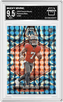 Bucky Irving from the 2024 Panini Mosaic set featuring a Reactive Blue parallel graded by Arena Club and given an overall grade of 9.5.