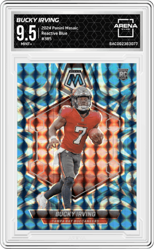 Bucky Irving from the 2024 Panini Mosaic set featuring a Reactive Blue parallel graded by Arena Club and given an overall grade of 9.5.