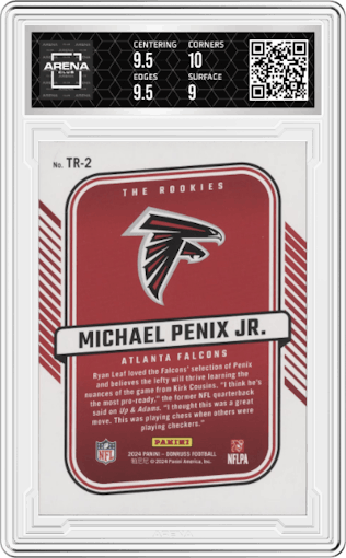 Michael Penix Jr. from the 2024 Donruss set graded by Arena Club and given an overall grade of 9.5.
