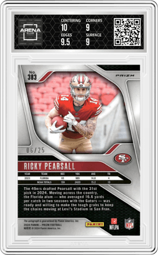 Ricky Pearsall from the 2024 Panini Prizm set featuring a Blue Shimmer parallel graded by Arena Club and given an overall grade of 9.5.