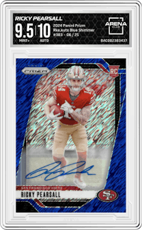 Ricky Pearsall from the 2024 Panini Prizm set featuring a Blue Shimmer parallel graded by Arena Club and given an overall grade of 9.5.