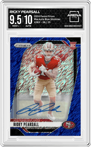 Ricky Pearsall from the 2024 Panini Prizm set featuring a Blue Shimmer parallel graded by Arena Club and given an overall grade of 9.5.