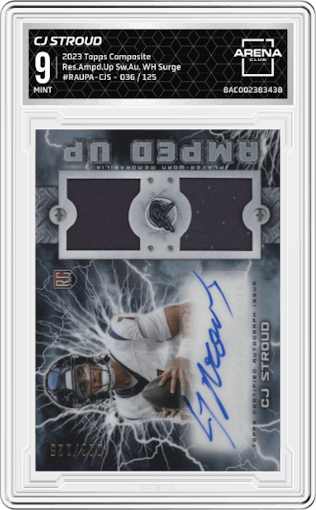 CJ Stroud from the 2023 Topps Composite set featuring a White Surge parallel graded by Arena Club and given an overall grade of 9.