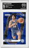 Jared McCain from the 2024-25 Panini Prizm set featuring a Blue Ice Prizm parallel graded by Arena Club and given an overall grade of 9.