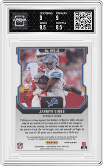 Jahmyr Gibbs from the 2023 Panini Contenders Optic set featuring a Gold parallel graded by Arena Club and given an overall grade of 9.
