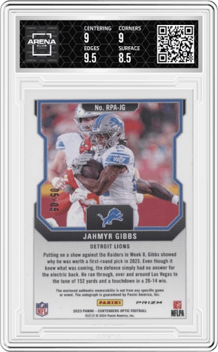 Jahmyr Gibbs from the 2023 Panini Contenders Optic set featuring a Gold parallel graded by Arena Club and given an overall grade of 9.