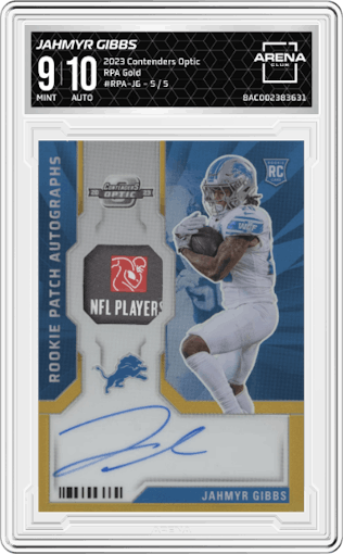 Jahmyr Gibbs from the 2023 Panini Contenders Optic set featuring a Gold parallel graded by Arena Club and given an overall grade of 9.