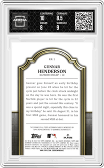 Gunnar Henderson from the 2023 Bowman Platinum set graded by Arena Club and given an overall grade of 8.5.