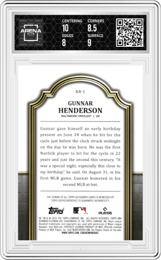 Gunnar Henderson from the 2023 Bowman Platinum set graded by Arena Club and given an overall grade of 8.5.
