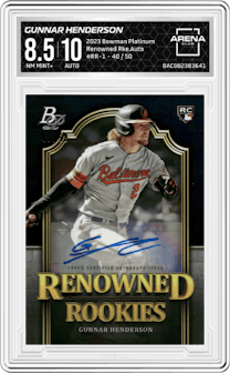 Gunnar Henderson from the 2023 Bowman Platinum set graded by Arena Club and given an overall grade of 8.5.