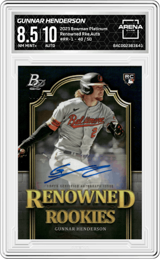 Gunnar Henderson from the 2023 Bowman Platinum set graded by Arena Club and given an overall grade of 8.5.