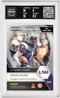 Ja'Marr Chase from the 2021 Panini Prizm Draft Picks set featuring a Orange Pulsar parallel graded by Arena Club and given an overall grade of 9.