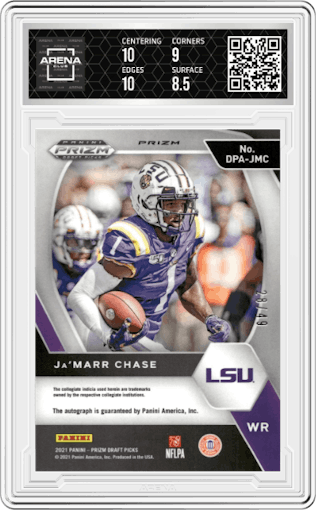 Ja'Marr Chase from the 2021 Panini Prizm Draft Picks set featuring a Orange Pulsar parallel graded by Arena Club and given an overall grade of 9.