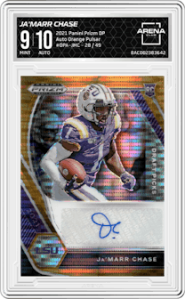 Ja'Marr Chase from the 2021 Panini Prizm Draft Picks set featuring a Orange Pulsar parallel graded by Arena Club and given an overall grade of 9.