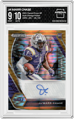 Ja'Marr Chase from the 2021 Panini Prizm Draft Picks set featuring a Orange Pulsar parallel graded by Arena Club and given an overall grade of 9.