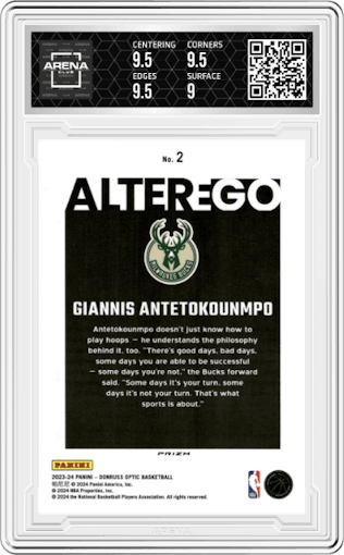 Giannis Antetokounmpo from the 2023-24 Donruss Optic set graded by Arena Club and given an overall grade of 9.5.