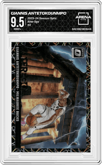 Giannis Antetokounmpo from the 2023-24 Donruss Optic set graded by Arena Club and given an overall grade of 9.5.