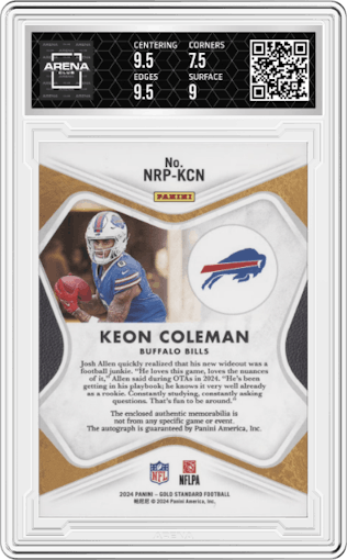 Keon Coleman from the 2024 Panini Gold Standard set featuring a Holo Silver parallel graded by Arena Club and given an overall grade of 8.