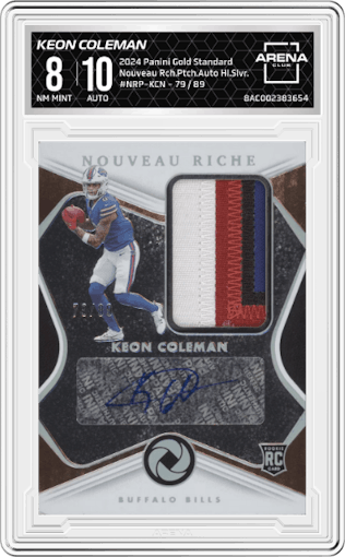 Keon Coleman from the 2024 Panini Gold Standard set featuring a Holo Silver parallel graded by Arena Club and given an overall grade of 8.