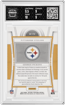 George Pickens from the 2022 Panini National Treasures set graded by Arena Club and given an overall grade of 9.5.