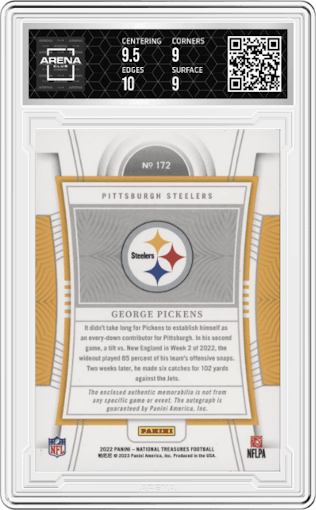 George Pickens from the 2022 Panini National Treasures set graded by Arena Club and given an overall grade of 9.5.