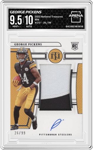 George Pickens from the 2022 Panini National Treasures set graded by Arena Club and given an overall grade of 9.5.