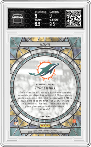 Tyreek Hill from the 2023 Panini Mosaic set graded by Arena Club and given an overall grade of 9.5.